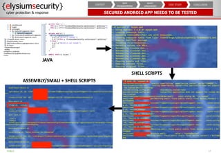 SECURED ANDROID APP NEEDS TO BE TESTED
{elysiumsecurity}
cyber protection & response
17
PUBLIC
CONCLUSION
CASE STUDY
WHAT
LANGUAGES
WHY
PROGRAMMING
CONTEXT
JAVA
SHELL SCRIPTS
ASSEMBLY/SMALI + SHELL SCRIPTS
 