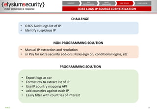 O365 LOGS IP SOURCE IDENTIFICATION
{elysiumsecurity}
cyber protection & response
18
PUBLIC
CONCLUSION
CASE STUDY
WHAT
LANGUAGES
WHY
PROGRAMMING
CONTEXT
CHALLENGE
• O365 Audit logs list of IP
• Identify suspicious IP
PROGRAMMING SOLUTION
• Export logs as csv
• Format csv to extract list of IP
• Use IP country mapping API
• add countries against each IP
• Easily filter with countries of interest
NON-PROGRAMMING SOLUTION
• Manual IP extraction and resolution
• or Pay for extra security add-ons: Risky-sign on, conditional logins, etc
 