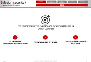 Icons: from The Noun Project unless stated otherwise
GOAL
4
TO AVOID SOME COMMON
MISTAKES
3
TO KNOW WHERE TO START
2
TO KNOW HOW
PROGRAMMING CAN BE USED
1
TO UNDERSTAND THE IMPORTANCE OF PROGRAMMING IN
CYBER SECURITY
{elysiumsecurity}
cyber protection & response
PUBLIC
CONCLUSION
CASE STUDY
WHAT
LANGUAGES
WHY
PROGRAMMING
CONTEXT
 