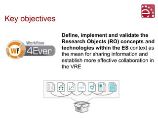 Key objectives
Define, implement and validate the
Research Objects (RO) concepts and
technologies within the ES context as...
