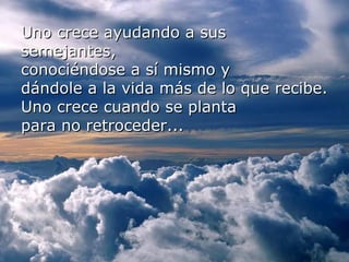 Uno crece ayudando a sus
semejantes,
conociéndose a sí mismo y
dándole a la vida más de lo que recibe.
Uno crece cuando se planta
para no retroceder...

 