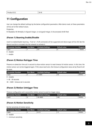 8
Rev. 0.6
Product ID 2 0x18
11 Configuration
User can change the default settings by the below configuration parameters. After device reset, all these parameters
will be set to their default values.
Properties:
R=Readable, W=Writable, S=Signed Integer, U=Unsigned Integer, E=Enumerated, B=Bit filed
(Param 1) Beaming Enable/Disable
Used to enable/disable beaming. If set to 1, FLiR commands will be supported and device type will be LSS. But the
device must be re-included into the network to activate it.
Parameter Number Size (Byte) Available Settings Default value Property
0x01 1 0/1 0 R/W/E
0 - disable
1 - enable
(Param 2) Motion Retrigger Time
Presence re-detection time set in second to allow motion sensor to reset timeout of motion sensor. In this time, the
motion sensor can not be triggered again. If this value reach zero, the timeout configuration value set by Param3 will
be reset.
Parameter Number Size (Byte) Available Settings Default value Property
0x02 2 0~3600 30 R/W/U
0 – disable
1~30 - 30 seconds
30 ~ 3600 - timeout set in seconds
(Param 3) Motion Untrigger Time
Timeout configuration set in second for motion sensor to send no trigger status.
Parameter Number Size (Byte) Available Settings Default value Property
0x03 2 30~3600 240 R/W/U
(Param 4) Motion Sensitivity
Set the sensitivity of motion sensor.
Parameter Number Size (Byte) Available Settings Default value Property
0x04 1 0~11 11 R/W/U
0 - disable
1 - minimum sensitivity
 