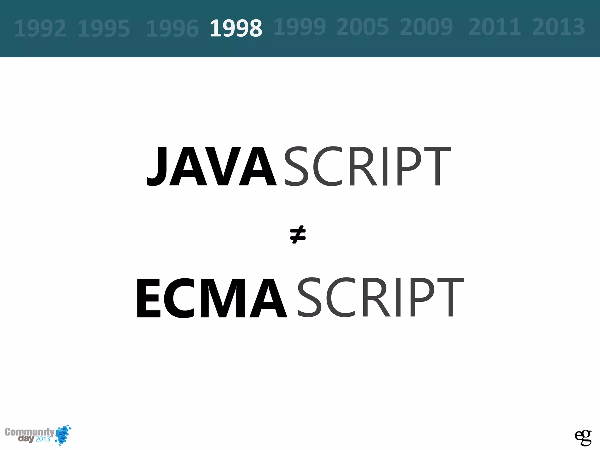 ≠
JAVASCRIPT
ECMASCRIPT
19961995 20051999 2009 2011 20131992 1998
 