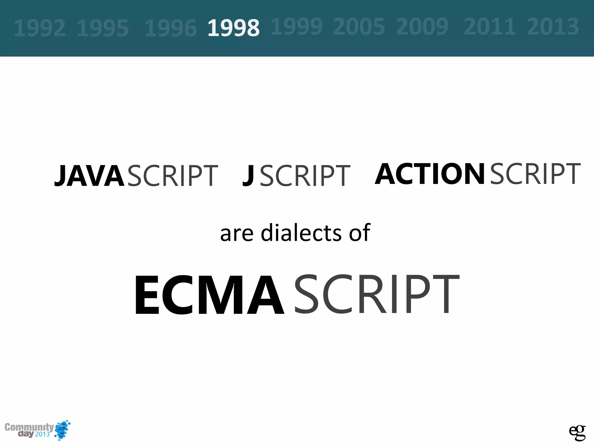 ECMASCRIPT
are dialects of
JAVASCRIPT JSCRIPT ACTIONSCRIPT
19961995 20051999 2009 2011 20131992 1998
 