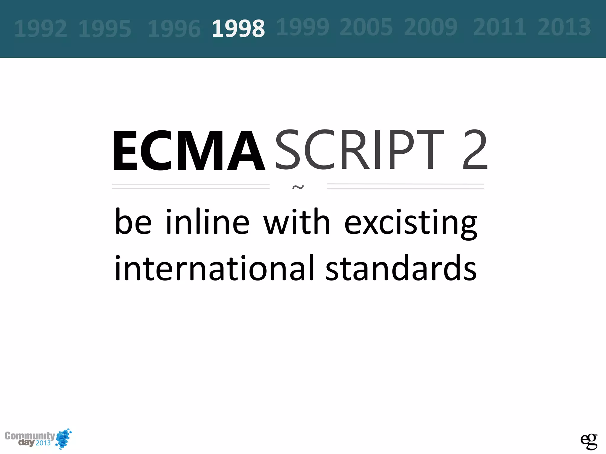 ECMASCRIPT 2
be inline with excisting
international standards
~
19961995 20051999 2009 2011 20131992 1998
 