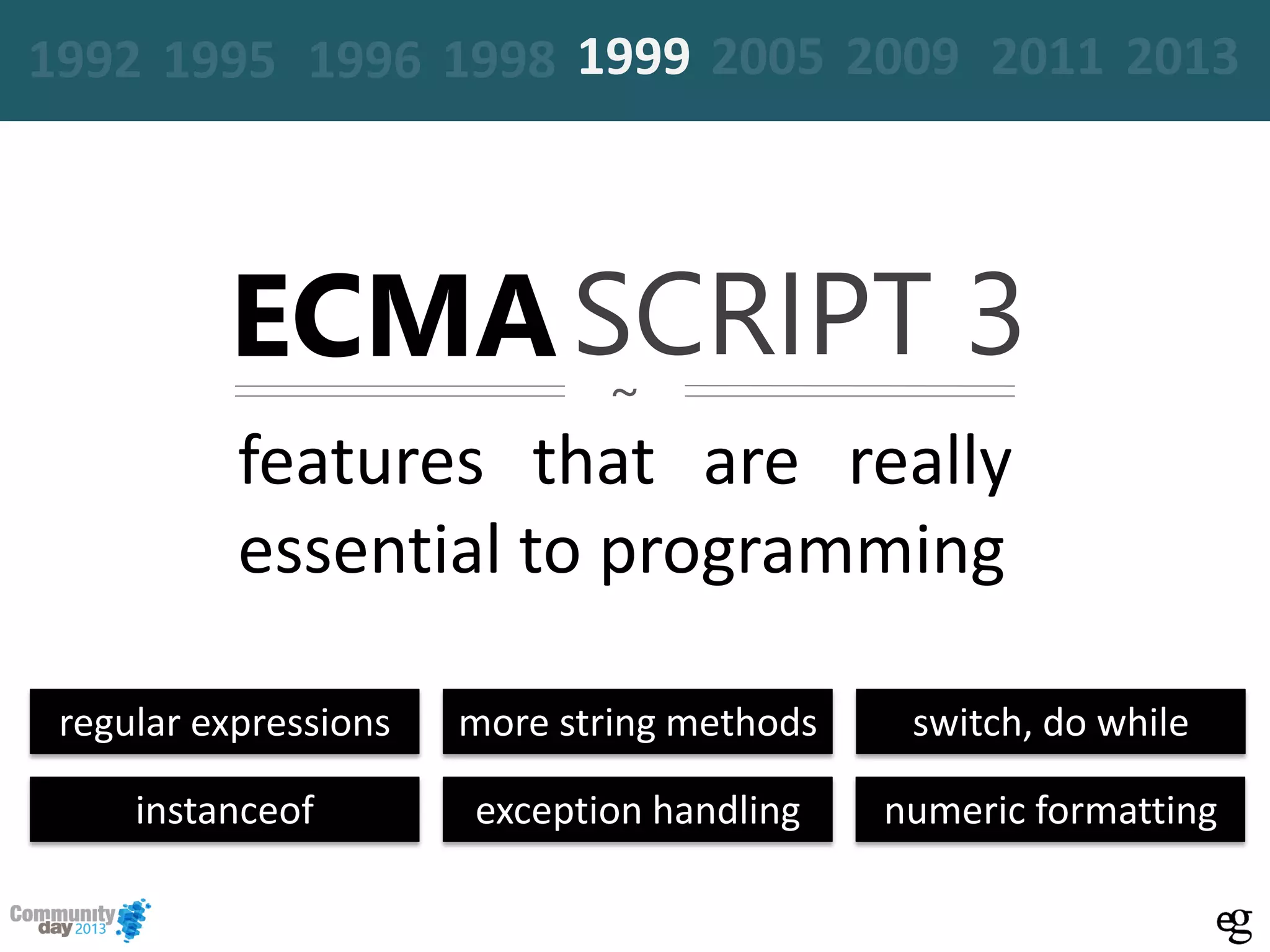 features that are really
essential to programming
regular expressions more string methods switch, do while
instanceof exception handling numeric formatting
~
ECMASCRIPT 3
19961995 20051999 2009 2011 20131992 1998
 