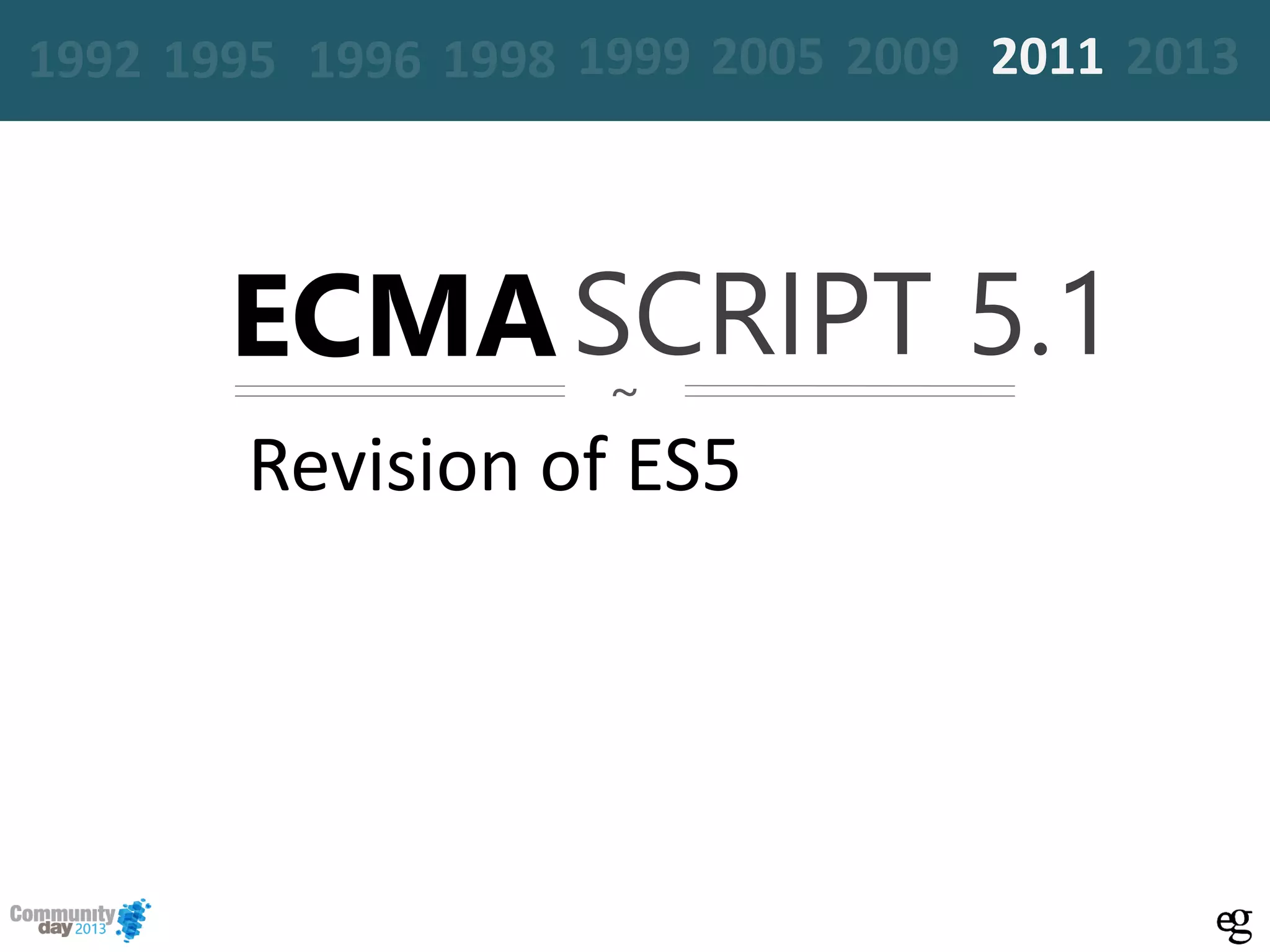 Revision of ES5
~
ECMASCRIPT 5.1
19961995 20051999 2009 2011 20131992 1998
 