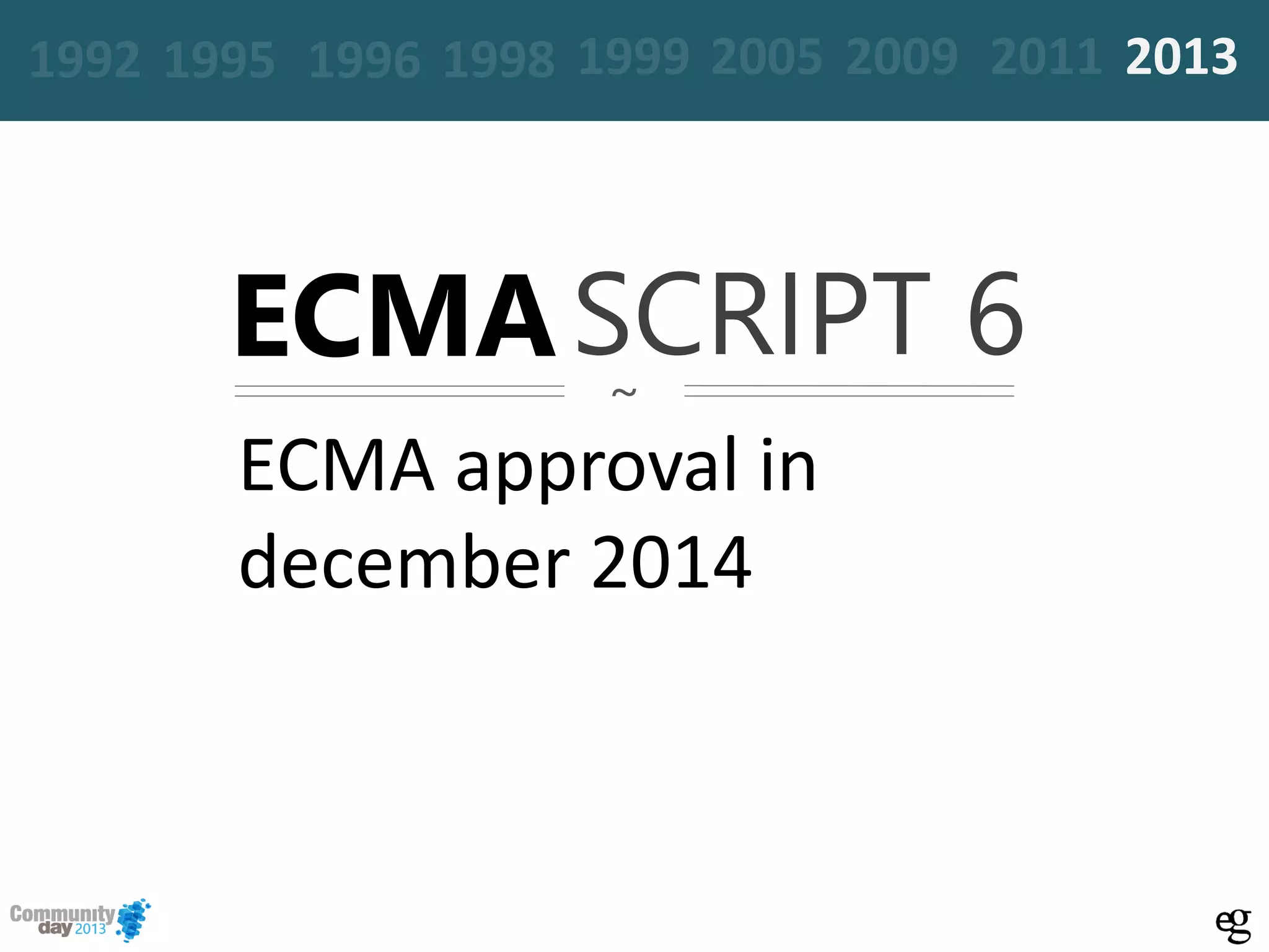 ~
ECMA approval in
december 2014
ECMASCRIPT 6
19961995 20051999 2009 2011 20131992 1998
 