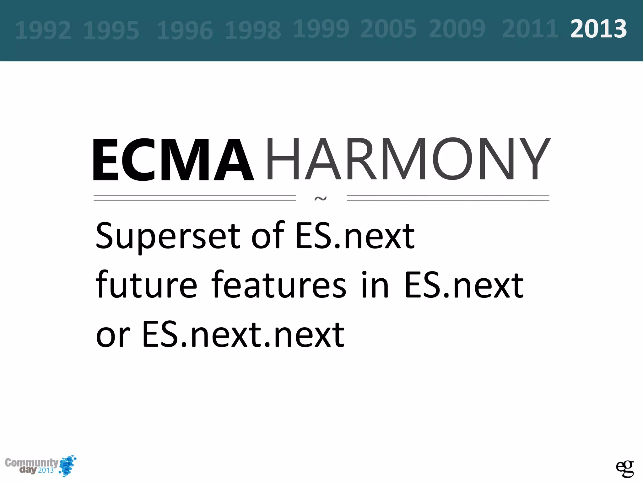 ECMAHARMONY
Superset of ES.next
future features in ES.next
or ES.next.next
~
19961995 20051999 2009 2011 20131992 1998
 