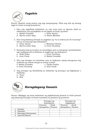 10
Tayahin
Panuto: Basahin mong mabuti ang mga pangungusap. Piliin ang titik ng tamang
sagot at isulat sa iyong kuwaderno.
1. Sino ang nagsilbing halimbawa na may puso para sa lipunan dahil sa
adbokasiya niya ng pagkilala sa tao lagpas sa kulay ng balat?
a. Malala Yuosafzai c. Ninoy Aquino
b. Martin Luther King d. Nelson Mandela
2. Sino itong dakilang ehemplo sa paglaban ng “no to violence for the humanity”
lalo na sa kanyang mga kababayan?
a. Ninoy Aquino c. Mahatma Ghandi
b. Martin Luther King d. Greta Thunberg
3. Kaninong tinig ng musmos na nanindigan para sa karapatan ng kababaihan
nga makapag-aral sa Pakistan at magkaroon ng edukasyon?
a. Nadia Nazar c. Greta Thunberg
b. Anne Frank d. Malala Yousafzai
4. Sino ang teenager na lumalaban para sa kalikasan upang matugunan ang
problema ng climate change sa buong mundo?
a. Malala Yousafzai c. Jayden Foytlin
b. Greta Thunberg d. Anne Frank
5. Ang prinsipyo ng Subsidiarity ay kakambal ng prinsipyo ng Pagkakaisa o
Solidarity.
a. Tama
b. Mali
Karagdagang Gawain
Panuto: Magbigay ng isang halimbawa ng pagkakataong pinairal at hindi pinairal
ang dalawang Prinsipyo sa bawat konteksto sa panahon ng pandemic.
Prinsipyo ng
Subsidiarity
Prinsipyo ng
Pagkakaisa
Pinairal/
Ipinapakita
Hindi
Pinairal
Pinairal/
Ipinapakita
Hindi
Pinairal
1. Pamilya
2. Paaralan
3. Barangay/Pamayanan
4. Lipunan/Bansa
Downloaded by Princess Jemalyn Monterola (jemalyn171994@gmail.com)
lOMoARcPSD|46240423
 