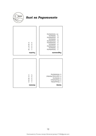 12
Susi sa Pagwawasto
Tayahin
1.
B
2.
C
3.
D
4.
B
5.
A
Pagyamanin
1.
Subsidiarity
2.
Solidarity
3.
Subsidiarity
4.
Solidarity
5.
Subsidiarity
6.
Subsidiarity
7.
Solidarity
8.
Subsidiarity
9.
Solidarity
10.
Subsidiarity
Subukin
1.
A
2.
D
3.
B
4.
A
5.
A
Isaisip
1.
Pampolitika
2.
Pamahalaan
3.
Solidarity
4.
Lipunang
Politikal
5.
Subsidiarity
Downloaded by Princess Jemalyn Monterola (jemalyn171994@gmail.com)
lOMoARcPSD|46240423
 