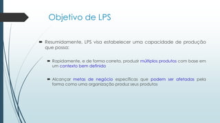Objetivo de LPS
 Resumidamente, LPS visa estabelecer uma capacidade de produção
que possa:
 Rapidamente, e de forma correta, produzir múltiplos produtos com base em
um contexto bem definido
 Alcançar metas de negócio específicas que podem ser afetadas pela
forma como uma organização produz seus produtos
 