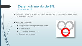 Desenvolvimento de SPL
Framework SEI
 Gerenciamento em múltiplos níveis tem um papel importante no sucesso
da linha de produto
 Responsabilidades
 Atingir a estrutura organizacional certa
 Alocar recursos
 Coordenar e supervisionar
 Oferecer treinamento
 