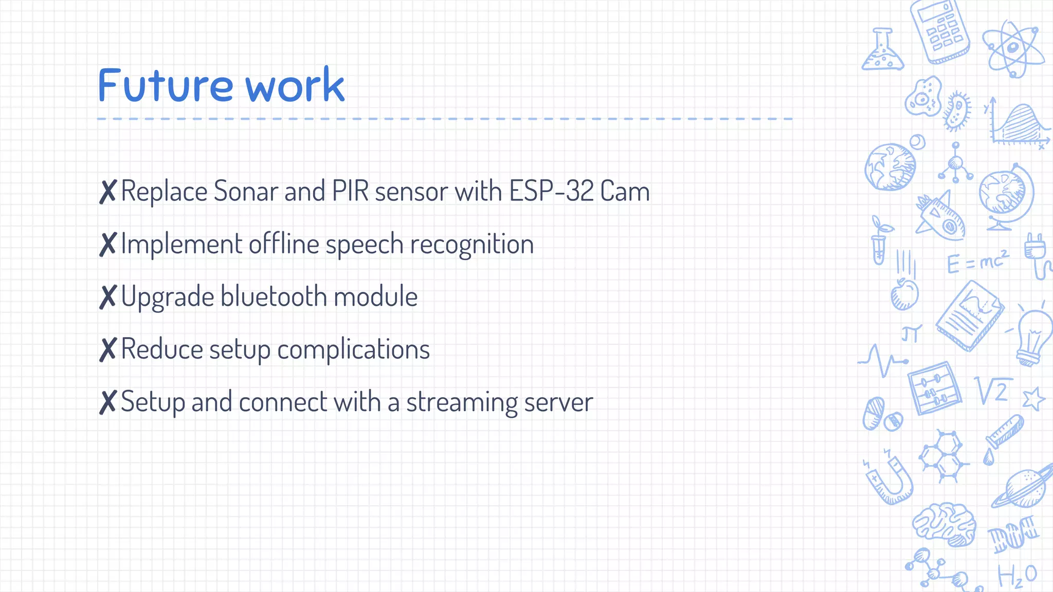 Future work
✘Replace Sonar and PIR sensor with ESP-32 Cam
✘Implement offline speech recognition
✘Upgrade bluetooth module
✘Reduce setup complications
✘Setup and connect with a streaming server
 