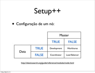 Setup++
                      • Conﬁguração de um nó:
                                                                    Master
                                                           TRUE              FALSE
                                         TRUE            Development        Workhorse
                         Data
                                         FALSE           Coordinator       Load Balancer


                          http://elasticsearch.org/guide/reference/modules/node.html


Friday, March 8, 13
 