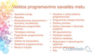 Veiklos programavimo savaitės metu
• Aparatinė įranga
• Robotika
• Manipuliavimas duomenimis ir
duomenų vizualizacija
• Mobiliosios programėlės
kūrimas
• Tinklalapio kūrimas
• Pagrindinės programavimo
sąvokos
• Veiklos be kompiuterio
• Žaidybinis programavimas
• Menas ir kūryba
• Vaizdinis ir (arba) blokinis
programavimas
• Programinės įrangos kūrimas
• Žaidimų kūrimas
• Daiktų internetas ir dėvimieji
įrenginiai
• 3D spausdinimas
• Papildyta realybė
• Dirbtinis intelektas
• Motyvacijos ir sąmoningumo
ugdymas
• Įvairovės skatinimas
• Kita
 