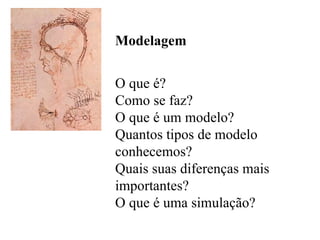 Modelagem O que é?  Como se faz?  O que é um modelo?  Quantos tipos de modelo conhecemos?  Quais suas diferenças mais importantes?  O que é uma simulação?  
