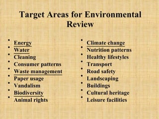 Target Areas for Environmental Review Energy Water Cleaning Consumer patterns Waste management Paper usage Vandalism Biodiversity Animal rights Climate change Nutrition patterns Healthy lifestyles Transport Road safety Landscaping Buildings Cultural heritage Leisure facilities   