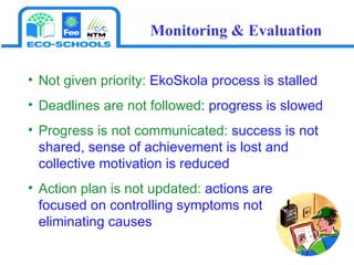 Not given priority:  EkoSkola process is stalled Deadlines are not followed : progress is slowed Progress is not communicated:  success is not shared, sense of achievement is lost and collective motivation is reduced Action plan is not updated:  actions are  focused on controlling symptoms not    eliminating causes Monitoring & Evaluation 