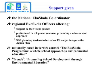 the National EkoSkola Co-ordinator regional EkoSkola Officers offering: support re the 7-steps process professional development seminars promoting a whole school approach  SDP planning sessions to introduce ES and/or integrate the Action Plan  nationally based in-service course: “The EkoSkola Programme: a whole school approach to environmental education” ‘ Trends’: “Promoting School Development through Environmental Education” Support given 