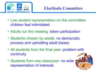 Low student representation on the committee : children feel intimidated Adults run the meeting:  token participation Students chosen by adults:  no democratic process and upholding adult biases All students from the final year : problem with continuity Students from one class/year : no wide representation of interests EkoSkola Committee 