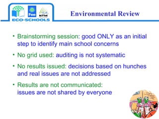 Brainstorming session : good ONLY as an initial step to identify main school concerns  No grid used:  auditing is not systematic No results issued:  decisions based on hunches and real issues are not addressed Results are not communicated:    issues are not shared by everyone Environmental Review 