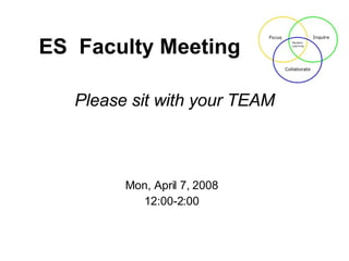 Please sit with your TEAM ES  Faculty Meeting Mon, April 7, 2008 12:00-2:00 