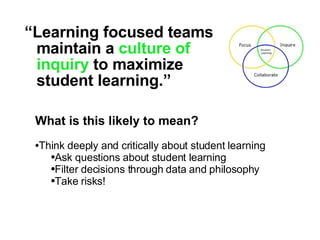 What is this likely to mean? Think deeply and critically about student learning  Ask questions about student learning Filter decisions through data and philosophy Take risks! “ Learning focused teams maintain a  culture of inquiry  to maximize student learning.” 