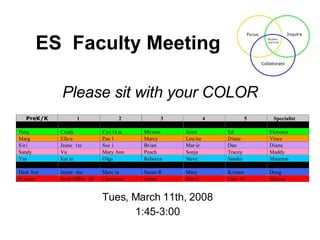Please sit with your COLOR ES  Faculty Meeting Tues, March 11th, 2008 1:45-3:00 
