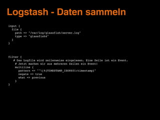 Logstash - Daten sammeln
grok {!
match => ["message",!
"[%{TIMESTAMP_ISO8601:event_time}]%{SPACE}[%{DATA:product}]%{SPACE}...