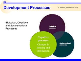 30
Development Processes
Biological, Cognitive,
and Socioemotional
Processes
Cognitive
processes
Changes in
thinking and
intelligence.
(Continued from previous slide)
 