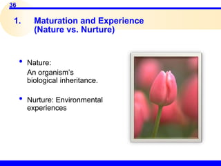 36
1. Maturation and Experience
(Nature vs. Nurture)
• Nature:
An organism’s
biological inheritance.
• Nurture: Environmental
experiences
 
