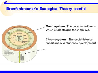 46
Bronfenbrenner’s Ecological Theory cont’d
Macrosystem: The broader culture in
which students and teachers live.
Chronosystem: The sociohistorical
conditions of a student’s development.
 