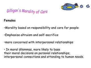 Females
•Morality based on responsibility and care for people
•Emphasize altruism and self-sacrifice
•more concerned with interpersonal relationships
• In moral dilemmas, more likely to base
their moral decisions on personal relationships,
interpersonal connections and attending to human needs.
 