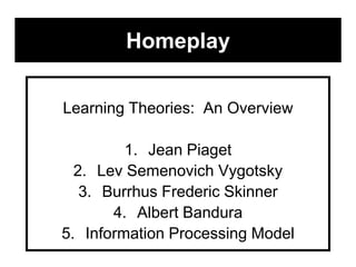 Homeplay
Learning Theories: An Overview
1. Jean Piaget
2. Lev Semenovich Vygotsky
3. Burrhus Frederic Skinner
4. Albert Bandura
5. Information Processing Model
 