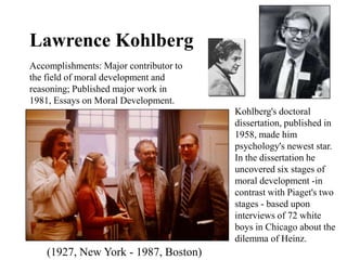 Lawrence Kohlberg
(1927, New York - 1987, Boston)
Accomplishments: Major contributor to
the field of moral development and
reasoning; Published major work in
1981, Essays on Moral Development.
Kohlberg's doctoral
dissertation, published in
1958, made him
psychology's newest star.
In the dissertation he
uncovered six stages of
moral development -in
contrast with Piaget's two
stages - based upon
interviews of 72 white
boys in Chicago about the
dilemma of Heinz.
 