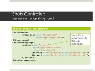Struts Controller:
struts-config.xml
struts-config.xml (snippet)
<form-beans>
<form-bean name="loginForm"
type="app.LoginForm"/>
</form-beans>
<action-mappings>
<action path="/login"
type="app.LoginAction"
name="loginForm">
<forward name="success" path="/success.jsp"/>
<forward name="failure" path="/failure.jsp"/>
</action>
</action-mappings>
31
Struts trims
automatically
the .do
extension
 