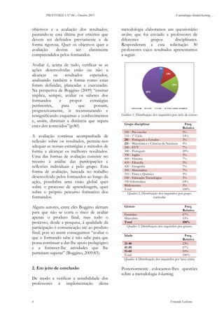 PROFFORMA Nº 04 – Outubro 2011

objetivos e a avaliação dos resultados,
pautando-se esta última por critérios que
devem ser definidos previamente e de
forma rigorosa. Quer os objetivos quer a
avaliação
devem
ser
claramente
compreendidos pelos formandos.
Avaliar é, acima de tudo, verificar se as
ações desenvolvidas estão ou não a
alcançar
os
resultados
esperados,
analisando também a forma como estas
foram definidas, planeadas e executadas.
Na perspetiva de Boggino (2009) “ensinar
implica, sempre, avaliar os saberes dos
formandos
e
propor
estratégias
pertinentes,
para
que
possam,
progressivamente, ir reestruturando e
ressignificando esquemas e conhecimentos
e, assim, diminuir a distância que separa
estes dos conteúdos”(p.80).
A avaliação contínua acompanhada de
reflexão sobre os resultados, permite-nos
adequar as nossas estratégias e métodos de
forma a alcançar os melhores resultados.
Uma das formas de avaliação consiste no
recurso à análise das participações e
reflexões individuais e pelo grupo. Esta
forma de avaliação, baseada no trabalho
desenvolvido pelos formandos ao longo da
ação, possibilita uma visão global quer
sobre o processo de aprendizagem, quer
sobre o próprio percurso formativo dos
formandos.
Alguns autores, entre eles Boggino alertam
para que não se corra o risco de avaliar
apenas o produto final, mas todo o
processo, desde a pesquisa, à qualidade da
participação e comunicação até ao produto
final, pois só assim conseguimos “avaliar o
que o formando sabe e não sabe para que
possa continuar a dar-lhe apoio pedagógico
e a fornecer-lhe atividades que lhe
permitam superar” (Boggino, 2009:83).
2. Em jeito de conclusão

A metodologia blended-learning…

metodologia elaboramos um questionário
on-line, que foi enviado a professores de
diferentes
grupos
disciplinares.
Responderam a esta solicitação 30
professores cujos resultados apresentamos
a seguir.

Gráfico 1. Distribuição dos inquiridos por ciclo de ensino
Grupo disciplinar

Freq.
Relativa
100 - Pré-escolar
3%
110 - 1º Ciclo
14%
200 - Português e Estudos
3%
230 - Matemática e Ciências da Natureza 3%
240 - EVT
7%
300 - Português
20%
330 - Inglês
3%
400 - História
7%
410 - Filosofia
3%
420 - Geografia
7%
500 - Matemática
7%
510 - Física e Química
3%
530 - Educação Tecnológica
3%
550-Informática
14%
Bibliotecária
3%
Total
100%
Quadro 2. Distribuição dos inquiridos por grupo
curricular
Género

Freq.
Relativa
Feminino
67%
Masculino
33%
Total
100%
Quadro 3. Distribuição dos inquiridos por género
Idade

Freq.
Relativa
31-40
23%
41-50
67%
51-60
10%
Total
100%
Quadro 4. Distribuição dos inquiridos por faixa etária

Posteriormente colocamos-lhes questões
sobre a metodologia b-learning.

De modo a verificar a sensibilidade dos
professores à implementação desta

6

Fernanda Ledesma

 