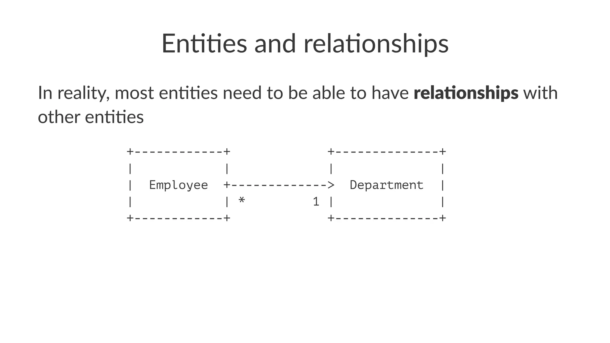 En##es and rela#onships
In reality, most en//es need to be able to have rela%onships with
other en//es
+------------+ +--------------+
| | | |
| Employee +-------------> Department |
| | * 1 | |
+------------+ +--------------+
 