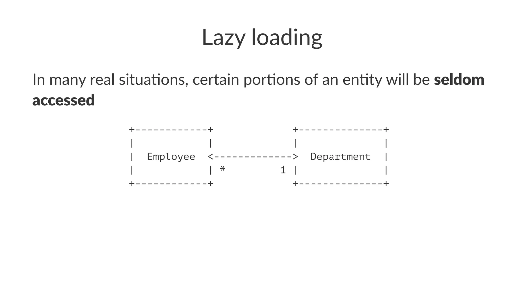 Lazy loading
In many real situa.ons, certain por.ons of an en.ty will be seldom
accessed
+------------+ +--------------+
| | | |
| Employee <-------------> Department |
| | * 1 | |
+------------+ +--------------+
 
