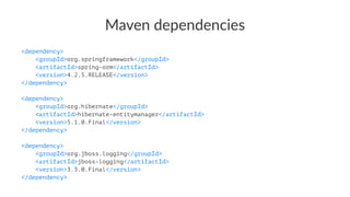 Maven dependencies
<dependency>
<groupId>org.springframework</groupId>
<artifactId>spring-orm</artifactId>
<version>4.2.5.RELEASE</version>
</dependency>
<dependency>
<groupId>org.hibernate</groupId>
<artifactId>hibernate-entitymanager</artifactId>
<version>5.1.0.Final</version>
</dependency>
<dependency>
<groupId>org.jboss.logging</groupId>
<artifactId>jboss-logging</artifactId>
<version>3.3.0.Final</version>
</dependency>
 