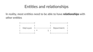 En##es and rela#onships
In reality, most en//es need to be able to have rela%onships with
other en//es
+------------+ +--------------+
| | | |
| Employee +-------------> Department |
| | * 1 | |
+------------+ +--------------+
 