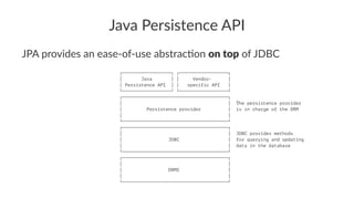 Java Persistence API
JPA provides an ease-of-use abstrac5on on top of JDBC
┌──────────────────┐ ┌──────────────────┐
│ Java │ │ Vendor- │
│ Persistence API │ │ specific API │
└──────────────────┘ └──────────────────┘
┌───────────────────────────────────────┐
│ │ The persistence provider
│ Persistence provider │ is in charge of the ORM
│ │
└───────────────────────────────────────┘
┌───────────────────────────────────────┐
│ │ JDBC provides methods
│ JDBC │ for querying and updating
│ │ data in the database
└───────────────────────────────────────┘
┌───────────────────────────────────────┐
│ │
│ DBMS │
│ │
└───────────────────────────────────────┘
 