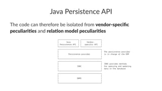 Java Persistence API
The code can therefore be isolated from vendor-speciﬁc
peculiari1es and rela1on model peculiari1es
┌──────────────────┐ ┌──────────────────┐
│ Java │ │ Vendor- │
│ Persistence API │ │ specific API │
└──────────────────┘ └──────────────────┘
┌───────────────────────────────────────┐
│ │ The persistence provider
│ Persistence provider │ is in charge of the ORM
│ │
└───────────────────────────────────────┘
┌───────────────────────────────────────┐
│ │ JDBC provides methods
│ JDBC │ for querying and updating
│ │ data in the database
└───────────────────────────────────────┘
┌───────────────────────────────────────┐
│ │
│ DBMS │
│ │
└───────────────────────────────────────┘
 