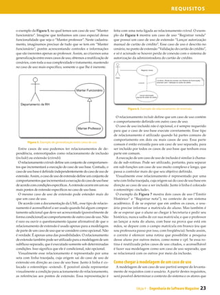 Requisitos



o exemplo da Figura 5, no qual temos um caso de uso “Manter         feita com uma nota ligada ao relacionamento extend. O exem-
funcionário”. Imagine que tenhamos um caso especial dessa           plo da Figura 6 mostra um caso de uso “Registrar venda”
funcionalidade que seja o “Manter professor”. Neste cadastra-       que possui um caso de uso de extensão “Lançar autorização
mento, imaginamos precisar de tudo que se tem em “Manter            manual de cartão de crédito”. Esse caso de uso é descrito no
funcionário”, porém acrescentando controles e informações           cenário, no ponto de extensão “Validação do cartão de crédito”,
que são inerentes apenas ao professor. Assim, ao criarmos uma       e só é acionado se houver perda de conexão com o sistema de
generalização entre esses casos de uso, obtemos a reutilização de   autorização da administradora do cartão de crédito.
cenários, com toda a sua complexidade e tratamento, mantendo
no caso de uso mais específico, somente o que lhe é inerente.




                                                                             Figura 6. Exemplo de relacionamento de extensão

                                                                      O relacionamento include define que um caso de uso contém
                                                                    o comportamento definido em outro caso de uso.
                                                                      O caso de uso incluído não é opcional, e é sempre requerido
                                                                    para que o caso de uso base execute corretamente. Esse tipo
                                                                    de relacionamento é utilizado quando há partes comuns de
                                                                    comportamento em dois ou mais casos de uso. Essa parte
        Figura 5. Exemplo de generalização entre casos de uso
                                                                    comum é então extraída para um caso de uso separado, para
  Entre casos de uso podemos ter relacionamentos de de-             ser incluído por todos os casos de uso base que tenham essa
pendência, estereotipados como relacionamento de inclusão           parte em comum.
(include) ou extensão (extends).                                      A execução de um caso de uso de inclusão é similar à chama-
  O relacionamento extends define um conjunto de comportamen-       da de sub-rotinas. Pode ser utilizado, portanto, para separar
tos que incrementará a execução do caso de uso base. Contudo, o     em sub-funções um caso de uso muito complexo e longo, que
caso de uso base é definido independentemente do caso de uso de     passa a controlar mais do que seu objetivo definido.
extensão. Assim, o caso de uso de extensão define um conjunto de      Visualmente esse relacionamento é representado por uma
comportamentos que incrementará a execução do caso de uso base      seta com linha tracejada, cuja origem sai do caso de uso base em
de acordo com condições específicas. A extensão ocorre em um ou     direção ao caso de uso a ser incluído. Junto à linha é colocado
mais pontos de extensão específicos no caso de uso base.            o estereótipo «include».
  O mesmo caso de uso de extensão pode estender mais do               O exemplo da Figura 7 mostra dois casos de uso (“Emitir
que um caso de uso.                                                 Histórico” e “Registrar nota”), no contexto de um sistema
  De acordo com a documentação da UML, esse tipo de relacio-        acadêmico. É de se esperar que em ambos os casos, o usu-
namento é aconselhável a ser usado quando há algum compor-          ário precise informar a matrícula do aluno. Mas também é
tamento adicional que deve ser acrescentado (possivelmente de       de se esperar que o aluno ao chegar à Secretaria e pedir seu
forma condicional) ao comportamento de outro caso de uso. Não       histórico, nunca saiba de cor sua matrícula; e que o professor
é raro eu ouvir o questionamento (quase afirmativo) de que o        ao lançar a nota do aluno, com base na prova que está em
relacionamento de extensão é usado apenas para a modelagem          mãos, se depare com o campo matrícula em branco (eu que
de parte de um caso de uso que se considere como opcional. Não      sou professora passo por isso, com freqüência). Sendo assim,
é verdade. É apenas uma das possibilidades. O relacionamento        o correto é oferecer uma rotina que possibilite a pesquisa
de extensão também pode ser utilizado para a modelagem de um        desse aluno por outros meios, como nome e cpf. Se essa ro-
subfluxo separado, que é executado somente sob determinadas         tina é reutilizada pelos casos de uso citados, o aconselhável
condições. Isso significa que ele é condicional, não opcional.      é fazer sua modelagem como um caso de uso separado, que
  Visualmente esse relacionamento é representado por uma            se relacionará com os outros por meio da inclusão.
seta com linha tracejada, cuja origem sai do caso de uso de
extensão em direção ao caso de uso base. Junto à linha é co-        Como chegar à modelagem de um caso de uso
locado o estereótipo «extend». É possível ainda representar          A modelagem de um caso de uso partirá sempre do levanta-
visualmente a condição para acionamento do relacionamento,          mento de requisitos com o usuário. A partir destes requisitos,
as referências aos pontos de extensão. Essa representação é         será possível determinar o contexto do sistema e os atores que


                                                                                   Edição 9 - Engenharia de Software Magazine   23
 