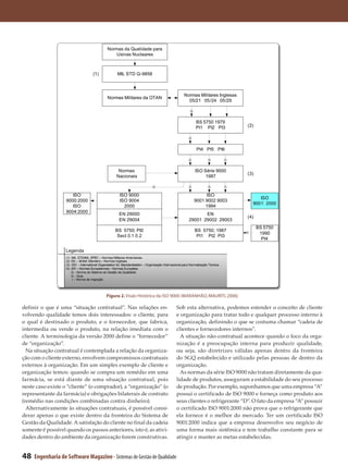 Normas da Qualidade para
                                                       Usinas Nucleares



                                        (1)               MIL STD Q-9858



                                                                                                          Normas Militares Inglesas
                                                   Normas Militares da OTAN
                                                                                                            05/21 05/24 05/29

                                                                                                              Q


                                                                                                                  BS 5750 1979
                                                                                                                  Pt1 Pt2 Pt3              (2)

                                                                                                             Q


                                                                                                                   Pt4 Pt5 Pt6

                                                                                                             G             G           G


                                                          Normas                                                  ISO Série 9000
                                                                                                                                           (3)
                                                         Nacionais                                                     1987

                                                                                   G                         G             G           G

                      ISO                                   ISO 9000                                                   ISO
                                                                                                                                                  ISO
                   9000:2000                                ISO 9004                                              9001 9002 9003
                                                                                                                                               9001: 2000
                      ISO                                     2000                                                     1994
                   9004:2000
                                                           EN 29000                                                 EN
                                                                                                                                           (4)
                                                           EN 29004                                          29001 29002 29003
                                                                                                                                                 BS 5750
                                                        BS 5750; Pt0                                              BS 5750; 1987            G      1990
                                                         Sect 0.1 0.2                                              Pt1 Pt2 Pt3
                                                                                                                                                   Pt4

                   Legenda
                   (1)   MIL STD/MIL SPEC – Normas Militares Americanas.
                   (2)   BS – British Standars – Normas Inglesas.
                   (3)   ISO - International Organization for Standardization – Organização Internacional para Normalização Técnica.
                   (4)   EN – Normes Européennes – Normas Européias.
                         Q – Norma de Sistema de Gestão da Qualidade
                         G – Guia
                          I – Norma de Inspeção




                                                  Figura 2. Visão Histórica da ISO 9000 (MARANHÃO, MAURITI, 2006)

definir o que é uma “situação contratual”. Nas relações en-                                          Sob esta alternativa, podemos estender o conceito de cliente
volvendo qualidade temos dois interessados: o cliente, para                                          e organização para tratar todo e qualquer processo interno à
o qual é destinado o produto, e o fornecedor, que fabrica,                                           organização, definindo o que se costuma chamar “cadeia de
intermedia ou vende o produto, na relação imediata com o                                             clientes e fornecedores internos”.
cliente. A terminologia da versão 2000 define o “fornecedor”                                           A situação não-contratual acontece quando o foco da orga-
de “organização”.                                                                                    nização é a preocupação interna para produzir qualidade,
  Na situação contratual é contemplada a relação da organiza-                                        ou seja, são diretrizes válidas apenas dentro da fronteira
ção com o cliente externo, envolvem compromissos contratuais                                         do SGQ estabelecido e utilizado pelas pessoas de dentro da
externos à organização. Em um simples exemplo de cliente e                                           organização.
organização temos: quando se compra um remédio em uma                                                  As normas da série ISO 9000 não tratam diretamente da qua-
farmácia, se está diante de uma situação contratual, pois                                            lidade de produtos, asseguram a estabilidade do seu processo
neste caso existe o “cliente” (o comprador), a “organização” (o                                      de produção. Por exemplo, suponhamos que uma empresa “A”
representante da farmácia) e obrigações bilaterais de contrato                                       possui o certificado de ISO 9000 e forneça como produto aos
(remédio nas condições combinadas contra dinheiro).                                                  seus clientes o refrigerante “D”. O fato da empresa “A” possuir
  Alternativamente às situações contratuais, é possível consi-                                       o certificado ISO 9001:2000 não prova que o refrigerante que
derar apenas o que existe dentro da fronteira do Sistema de                                          ela fornece é o melhor do mercado. Ter um certificado ISO
Gestão da Qualidade. A satisfação do cliente no final da cadeia                                      9001:2000 indica que a empresa desenvolve seu negócio de
somente é possível quando os passos anteriores, isto é, as ativi-                                    uma forma mais sistêmica e tem trabalho constante para se
dades dentro do ambiente da organização forem construtivas.                                          atingir e manter as metas estabelecidas.


48   Engenharia de Software Magazine - Sistemas de Gestão de Qualidade
 