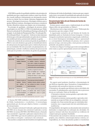 PROC E S S O



 A ISO 9000 na gestão da qualidade estabelece oito princípios de                             de Sistemas de Gestão da Qualidade, é interessante que a organi-
qualidade para que a organização conduza e opere suas ativida-                               zação inicie o seu projeto de qualidade pela aplicação da norma
des visando melhorar continuamente seu desempenho através                                    ISO 9004, de organização interna (situação não-contratual).
do foco no cliente: Foco no cliente, Liderança, Engajamento das
pessoas, Abordagem de processos, Abordagem sistêmica para a                                  Documentação típica de um Sistema de Gestão da
gestão, Melhoria contínua, Abordagem factual para a tomada de                                Qualidade ISO 9000
decisão e Benefícios mútuos nas relações com os fornecedores.                                  Existem passos comuns para a implementação de um SGQ.
 No principio de qualidade, a abordagem de processo utiliza                                  Alguns deles são apresentados na Tabela 2.
os princípios do ciclo PDCA. O PDCA foi idealizado por Walter                                  Abordaremos neste artigo somente o passo “Elaboração dos
Shewart na década de 30 e difundido por Deming na década de 50                               documentos que irão compor o SGQ”.
no Japão. As atividades de Planejamento (Plan - P), realização (Do -                           A organização normativa de um Sistema de Gestão da
D), verificação (Check - C) e ação (Act - A) devem se inter-relacionar                       Qualidade pode ser ilustrada de forma triangular. A forma
de forma que o ciclo seja realimentado com ações não só corretivas,                          triangular usualmente representa a organização, simbolizan-
mas também pró-ativas, promovendo melhorias na gestão.                                       do os níveis hierárquicos (estratégico, tático e operacional)
 Dentro do contexto de um sistema de gestão da qualidade, o                                  e a correspondente distribuição de pessoas, isto é, poucas
PDCA é um ciclo dinâmico que pode ser desdobrado dentro                                      pessoas no topo, com mais poder, e mais pessoas na base da
de cada processo da organização e para o sistema de processos                                pirâmide com poderes menores.
em sua totalidade. Ele está associado com planejamento, im-                                    Ao observar a Figura 3 verifique que existe correspondência
plementação, controle e melhoria contínua dos processos de                                   entre todas as partes apresentadas através do triângulo.
realização do produto e do sistema de gestão da qualidade.
                                                                                                 Tipo                   Nível                                            Documento                                         Finalidade


                                                                                                                                                                                                                      “O que” a empresa faz
                              A Série de Normas ISO 9000                                                             Estratégico                                                                                      (para proporcionar
                                                                                                                                                                         Manual da                                    confiança pra si e para o

   Número          Título                    Finalidade                                                                                                                  Qualidade                                    cliente)
                                                                                                Normativos (normas




   NBR ISO 9000    Sistemas de gestão da    Estabelecer os fundamentos e o vocabulário
                                                                                                    técnicas)




                                                                                                                                                                   Procedimentos/                                     “Como” a empresa faz
                   Qualidade–Fundamentos    da Qualidade. Entende-se fundamentos                                       Tático
                                                                                                                                                                 Planos da Qualidade


                   e vocabulário.           como sendo o conjunto de proposições e
                                            idéias mais gerais, de onde se pode deduzir os
                                                                                                                                   instruções                                            regulamentos        outros   Detalhes de “como” a
                                                                                                                                                    métodos         especificações
                                            conhecimentos sobre o assunto Qualidade.                                               de trabalho                                                                        empresa faz




   NBR ISO 9001    Sistemas de gestão da    Especificar os requisitos de sistemas de                                 Operacional
                                                                                                                                                                         Registros
                                                                                                                                                                                                                      Como a empresa
                                                                                                comprovação




                   Qualidade Requisitos     gestão da Qualidade para a organização                                                           relatórios
                                                                                                                                             fichas de controle de
                                                                                                                                                                               registros de atendimento
                                                                                                                                                                               pesquisa da satisfação dos
                                                                                                                                                                                                                      demonstra a qualidade
                                                                                                                                                                                                                      efetivamente praticada
                                                                                                    de




                                                                                                                                             processo                          clientes

                                            produzir produtos conformes e obter                                                              resultados de auditorias         registro de treinamento



                                            satisfação dos clientes. É a única norma de
                                            natureza contratual da série 9000.               Figura 3. Triângulo da Documentação de um SGQ (MARANHÃO, MAURITI,
                                                                                             2006)
   NBR ISO 9004    Sistemas de gestão da    Prover guias para sistemas de gestão da
                   Qualidade Diretrizes     Qualidade, incluindo melhorias contínuas,         No aspecto geral podemos classificar a documentação de
                   para melhorias de        para satisfação dos clientes e de outras         um SGQ nos seguintes tipos: Normativos, Comprobatórios e
                   desempenho.              partes interessadas.                             Documentos não-normativos internos ou externos.
   NBR ISO 19011   Diretrizes para          Prover requisitos e diretrizes para processos    • Normativos: são aqueles que definem como as atividades são
                   auditoria de sistemas    de auditorias (SGQ- sistema de gestão            executadas. É o planejamento, a previsão de como os processos
                   de gestão da Qualidade   de qualidade/SGA- sistema de gestão              devem ser realizados. Pode ser dividido em:
                   e gestão ambiental.      ambiental).                                         • Normativos internos: normas geradas e aprovadas inter-
                                                                                                namente à organização;
Tabela1. Série de Normas ISO 9000 (MARANHÃO, MAURITI, 2006))
                                                                                                • Normativos externos: normas geradas e aprovadas exter-
  A Norma ISO 9000 estabelece as bases para construção                                          namente ao escopo do SGQ e de uso obrigatório, como por
de SGQs: fundamentos e vocabulário. A terminologia                                              exemplo, Leis. Essas normas têm que ser controladas inter-
apresentada por ela tem por objetivo limitar a variedade                                        namente, mas a organização não tem autoridade para
de interpretações.                                                                              modificá-las.
  Para a situação contratual é indicada a aplicação da norma                                 • Comprobatório: são registros ou documentos não-normativos
ISO 9001. Já na situação não contratual é aplicada a norma                                   destinados à comprovação da realização das atividades. Os
ISO 9004. As normas ISO 9001 e ISO 9004 formam o chamado                                     registros formam toda base documental ou evidências de
“par consistente”, sugerindo a aplicação conjunta dessas nor-                                comprovação para qualquer finalidade;
mas. A ISO 19011 que trata de auditorias apresenta normas,                                   • Documentos não-normativos internos ou externos: planos,
para ambas as situações - contratual e não contratual.                                       projetos, atas, relatórios, comunicação interna e externa, cor-
  Para auxiliar a compreensão dos benefícios de implementação                                respondência, etc. Esses documentos podem se transformar


                                                                                                                                     Edição 9 - Engenharia de Software Magazine                                                              49
 