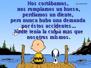 Nos cortábamos,  nos rompíamos un hueso, perdíamos un diente,  pero nunca hubo una demanda  por éstos accidentes... Nadie tenía la culpa mas que nosotros mismos. 