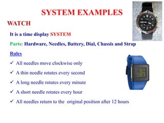 SYSTEM EXAMPLES
It is a time display SYSTEM
Parts: Hardware, Needles, Battery, Dial, Chassis and Strap
Rules
 All needles move clockwise only
 A thin needle rotates every second
 A long needle rotates every minute
 A short needle rotates every hour
 All needles return to the original position after 12 hours
WATCH
 