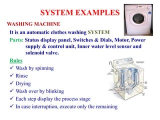 SYSTEM EXAMPLES
It is an automatic clothes washing SYSTEM
Parts: Status display panel, Switches & Dials, Motor, Power
supply & control unit, Inner water level sensor and
solenoid valve.
Rules
 Wash by spinning
 Rinse
 Drying
 Wash over by blinking
 Each step display the process stage
 In case interruption, execute only the remaining
WASHING MACHINE
 